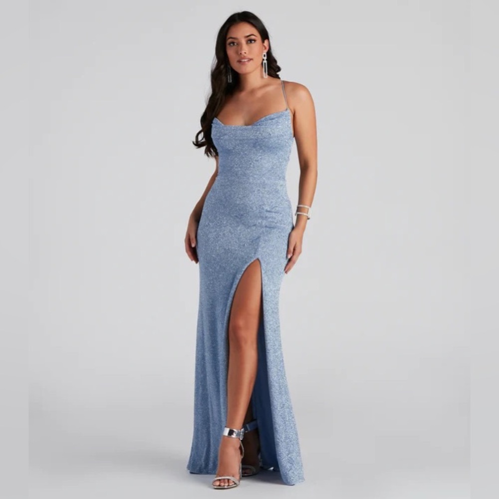 Windsor Doria Formal High Slit Glitter Dress Light Blue XS